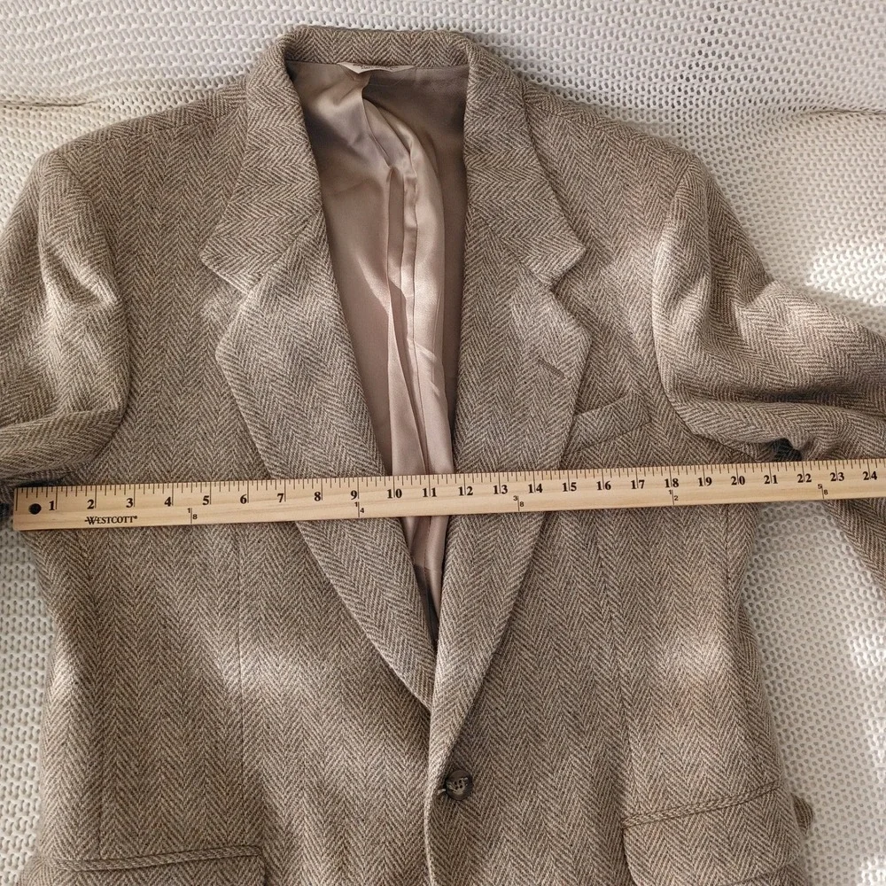 DellaPenna Mens 100% Pure Wool Herringbone Tweed Blazer Tan Brwn Made in USA 42S